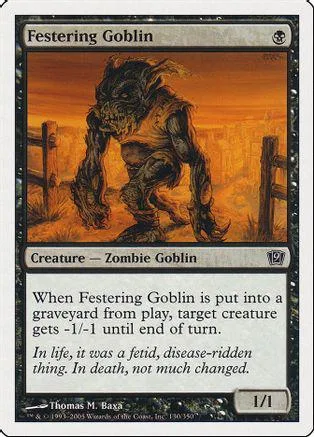 Goblin creature card art: dark, hairy goblin in orange, desolate landscape.
