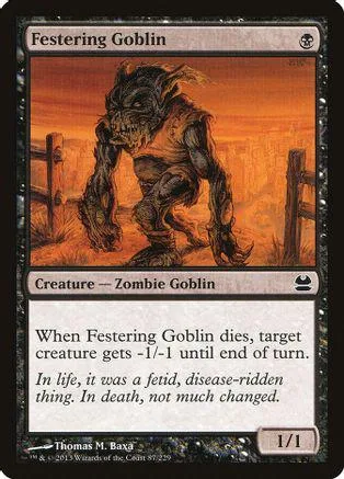 Goblin creature card art: dark, hairy zombie in orange landscape.