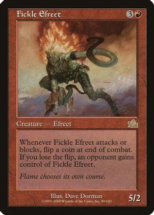 Green, monstrous creature on a card with fiery background. Creature card art.