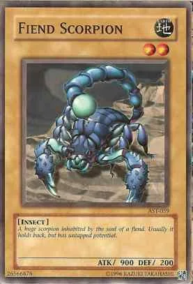 Blue and green scorpion monster card art. Fiend Scorpion collectible card.