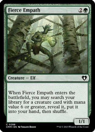 Green elf creature in forest setting, black and white card frame.