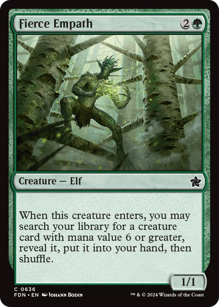 Green elf creature in a forest setting on a Magic: The Gathering card.