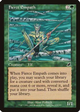 Elf creature card with green and blue art, showing a figure amidst trees.