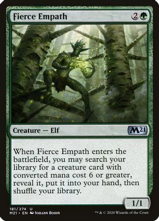 Green elf creature in forest, card art, showing "Fierce Empath" text.