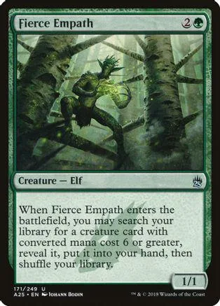 Green elf creature in forest setting on a Magic: The Gathering card.