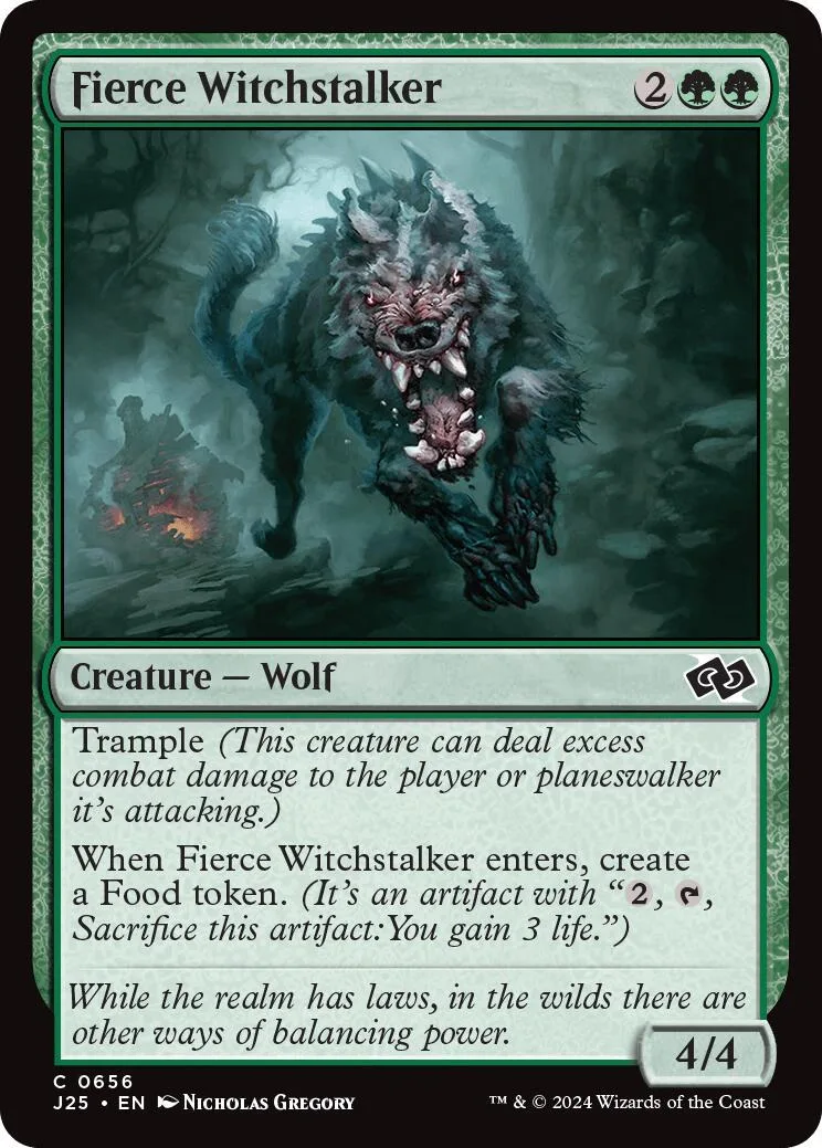 Dark, furry wolf creature card art. Green and black card frame.