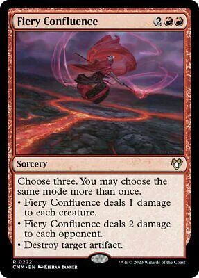 Red and purple magic creature flying over fiery landscape on a card.