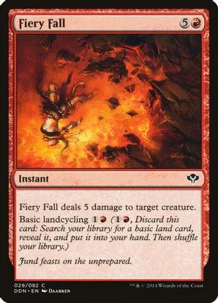 Magic: The Gathering card, Fiery Fall, fiery orange and red art, standard card frame.