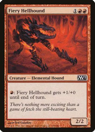 Black and orange elemental hound creature card art, Magic: The Gathering.