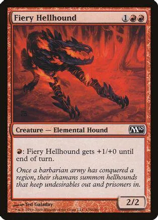 Black and orange elemental hound creature card art, showing a fierce beast.