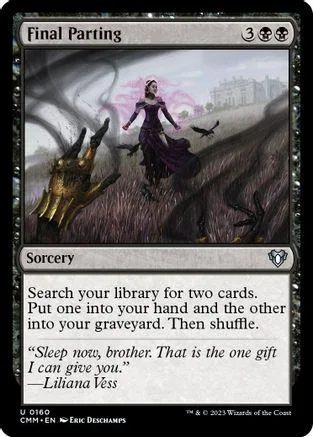 Sorcery card art: woman in purple dress in a dark, misty landscape.