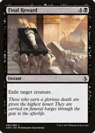 Magic: The Gathering card, Final Reward, featuring a scene of figures on a barge.