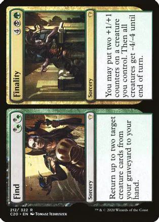 Two Magic: The Gathering cards, Finality and Find, displayed side-by-side.