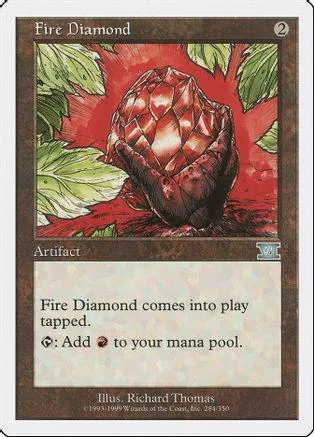 Red and brown faceted gem surrounded by green leaves on a trading card.