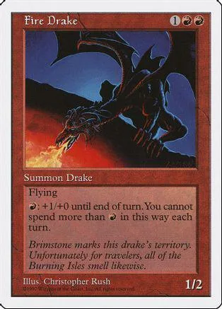 Dark dragon on a fiery background. Magic: The Gathering card, Fire Drake.