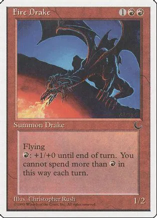 Dark dragon creature card art, blue and orange background, Fire Drake.