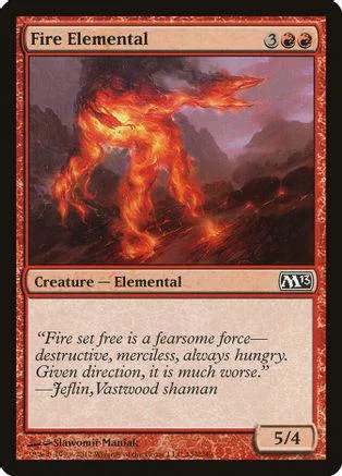 Fiery elemental creature card, orange and red flames, M13 set symbol.