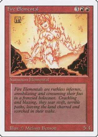 Red and orange elemental creature on a card with fiery, cracked landscape background.