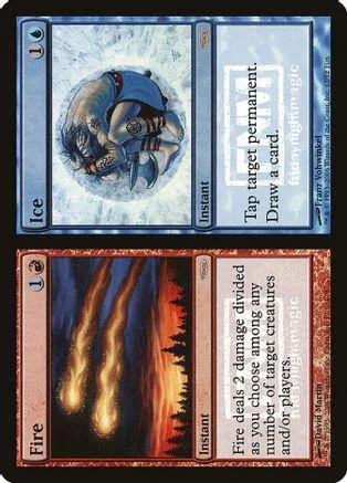 Blue ice spell card with white and blue art. Red fire spell card with orange and black art.