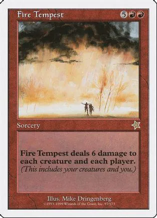 Fire Tempest Magic: The Gathering card, dark forest landscape art, Sorcery type.