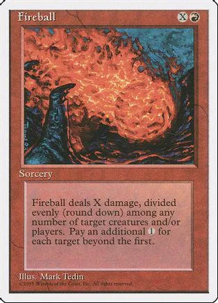 Orange and blue fire explosion on a Magic: The Gathering Fireball card.