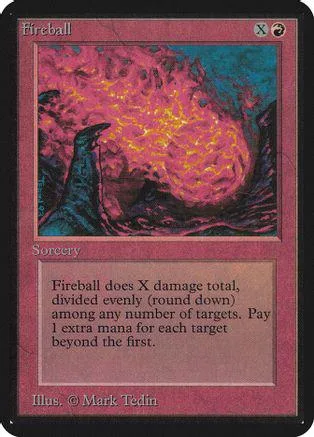 Magic: The Gathering Fireball card art showing a fiery explosion over dark landscape.