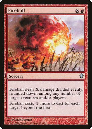 Red and orange fire explosion on a fantasy battlefield card.