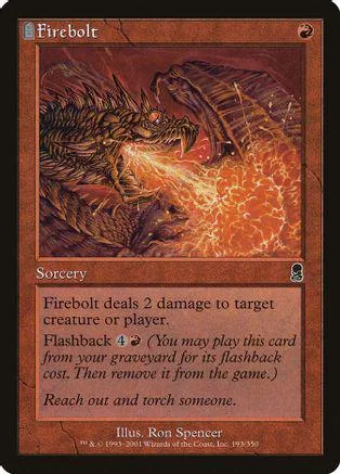 Dragon breathing fire on a Magic: The Gathering Firebolt card.