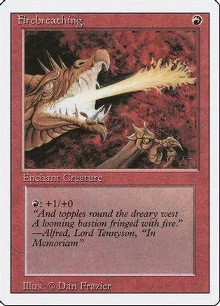 Dragon breathing fire on a red background. Magic: The Gathering card.