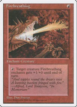 Red dragon breathes fire onto a dark, fiery background. Magic: The Gathering card.