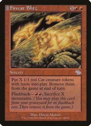 Firecat Blitz card art: golden cat among dark, mossy rocks. Sorcery text visible.