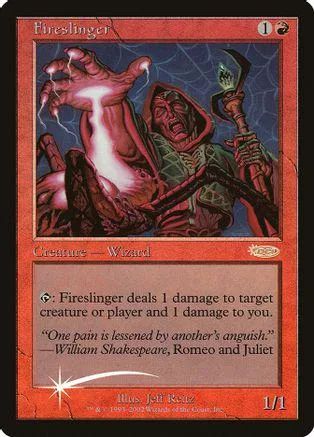 Red and white hand reaching toward hooded figure on a card.