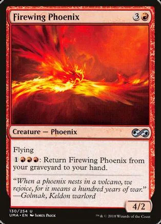 Red and orange phoenix creature card art. White border, black text.
