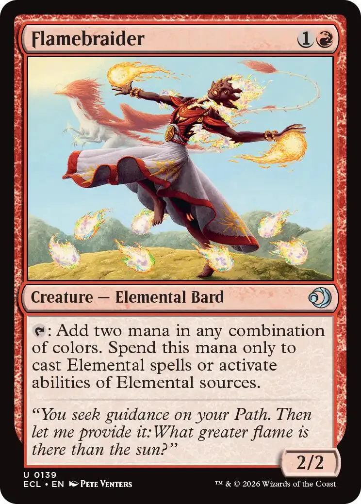 Card art depicts a figure with fiery effects, wearing red and white, on a green landscape.