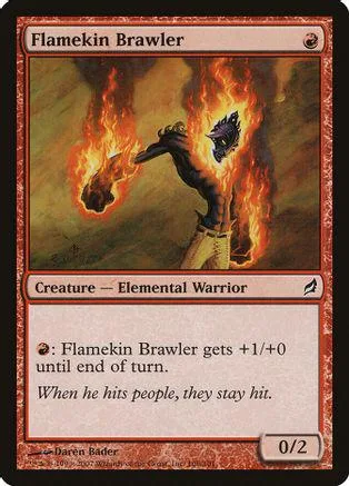 Fire elemental warrior card art, dark tones, showing a figure engulfed in flames.