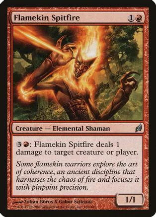 Shaman figure engulfed in fire, orange and yellow tones, on a trading card.