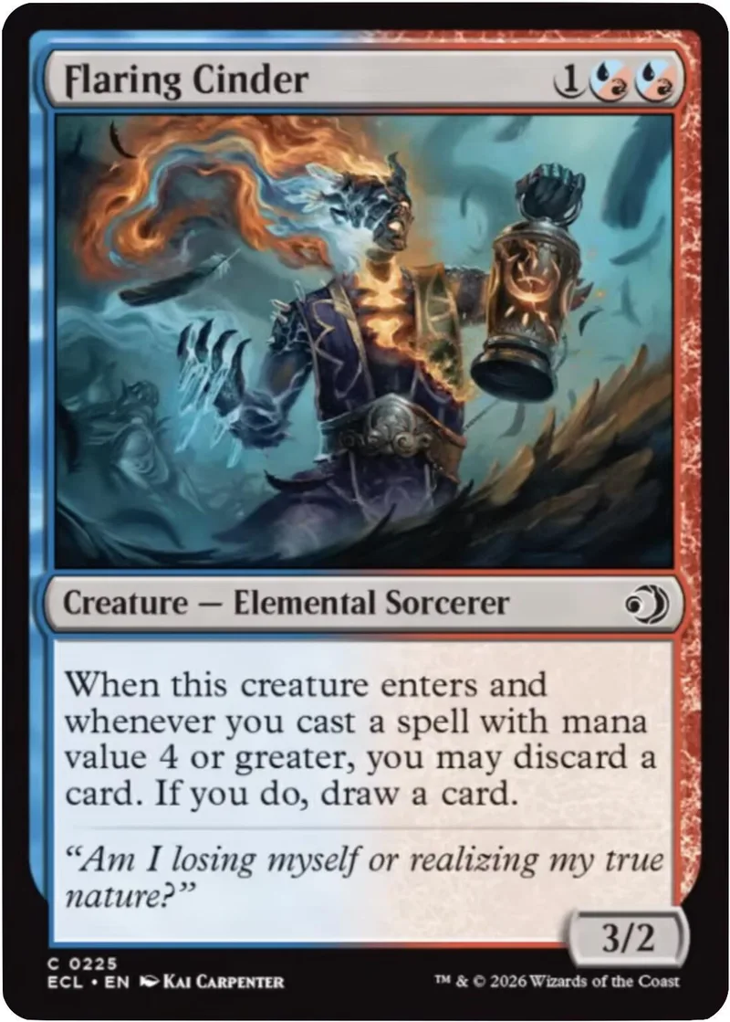 Sorcerer creature card art, blue and orange flames, dark fantasy scene.