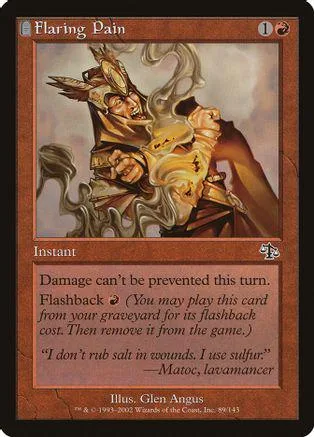 Card art shows golden, swirling figure with fiery energy. "Flaring Pain" text.