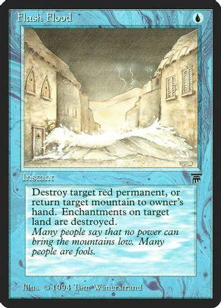 Illustrated Magic card: snowy mountain landscape with buildings under a stormy sky.
