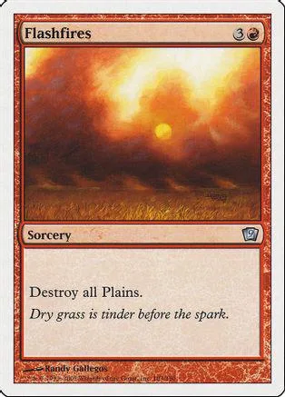 Magic: The Gathering card, Flashfires, fiery sunset art, Sorcery type.