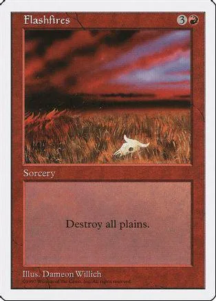 Magic: The Gathering card, Flashfires, showing a sunset over a field.