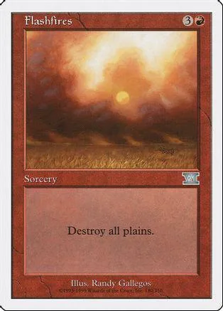 Card art shows a fiery sunset over a grassy plain. Sorcery card.