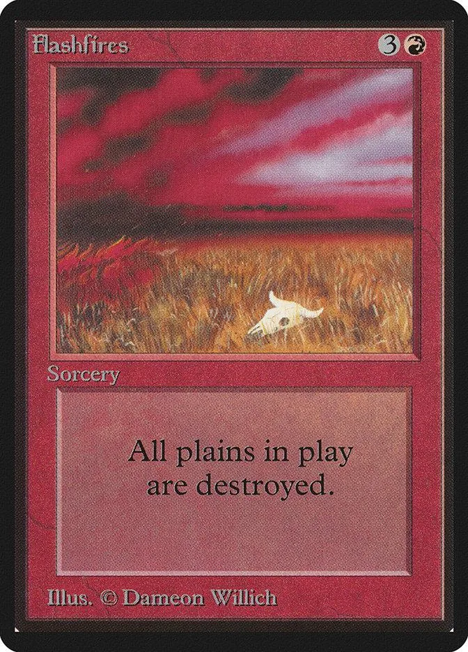 Magic: The Gathering card, red and orange landscape art, "Flashfires" text.