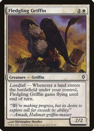 Griffin creature card art, brown and black bird on a wooden perch.