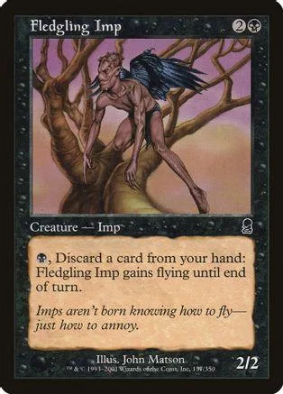 Imp creature card art, brown tree background, black and brown tones.
