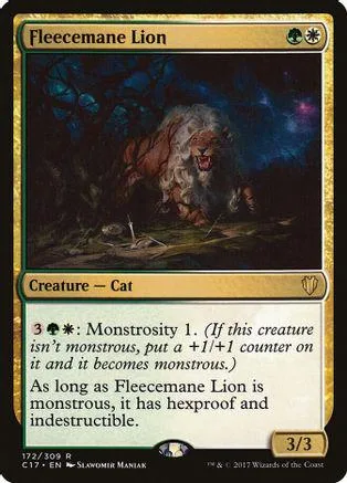 Lion creature card art, dark forest setting, gold and black frame.