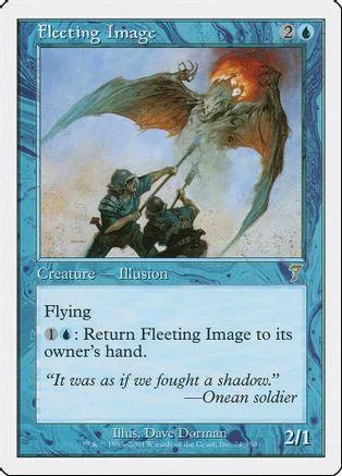 Winged creature attacks below. Blue and orange colors. Magic: The Gathering card.