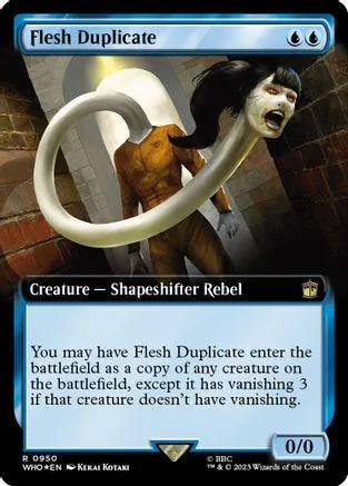 Creature card art: humanoid figure with white, serpentine appendage, dark background.