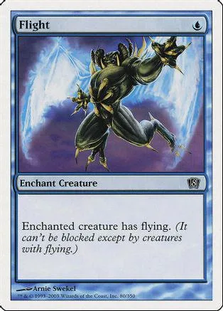 Black creature flying through blue and purple energy on a Magic: The Gathering card.