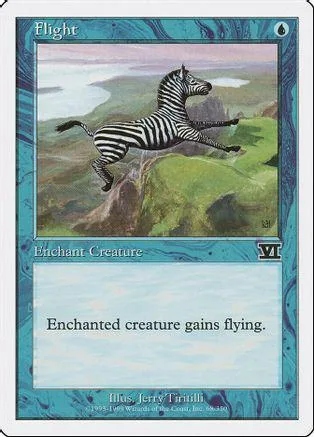 Zebra flying over green landscape on a Magic: The Gathering card.